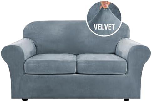 H.VERSAILTEX Real Velvet Plush 3 Piece Stretch Sofa Covers Couch Covers for 2 Cushion Couch Loveseat Covers Width Up to 72 Inch Feature Thick Soft Stay in Place (Medium Sofa, Stone Blue)