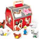 Melissa & Doug Wooden Take-Along Sorting Barn Toy with Flip-Up Roof and Handle, 10 Wooden Farm Play Pieces - Farm Toys, Shape Sorting And Stacking Learning Toys For Toddlers And Kids Ages 2+