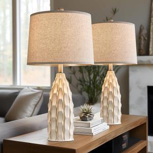 Ceramic Table Lamps Set of 2, 23.75" Modern Farmhouse Bedside Lamp - Cream Nightstand Lamps for Bedroom, Boho Living Room End Tables, Small Office Desk Lamp Decor
