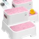 Harwaya Pink Toddler Step Stool for Bathroom Sink 2 Pack, Kids Step Stools for Girls Toilet Potty Training, Plastic Stepping Stool for Toddlers Child Kid Kitchen Bedroom (Included Two Faucet Extender)
