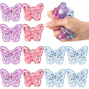 Meooeck 12 Pcs Butterfly Squeeze Fidget Balls Handmade Glitter Squeeze Butterfly for Stress Relief, Cute Soft Sticky Ball for Adult ADHD Autism Anxiety Birthday Party Gifts Basket Stuffers (Vivid)