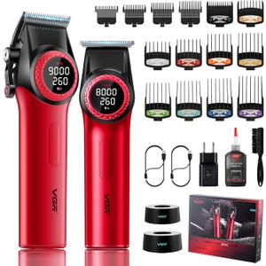 VGR 001 & 977 Professional Hair Clippers for Men, Cordless Barber Clippers and Zero Gap Trimmers Set, DLC Coating Blade Hair Cutting Kit with LED Display, USB Rechargeable Barber Set(Red)