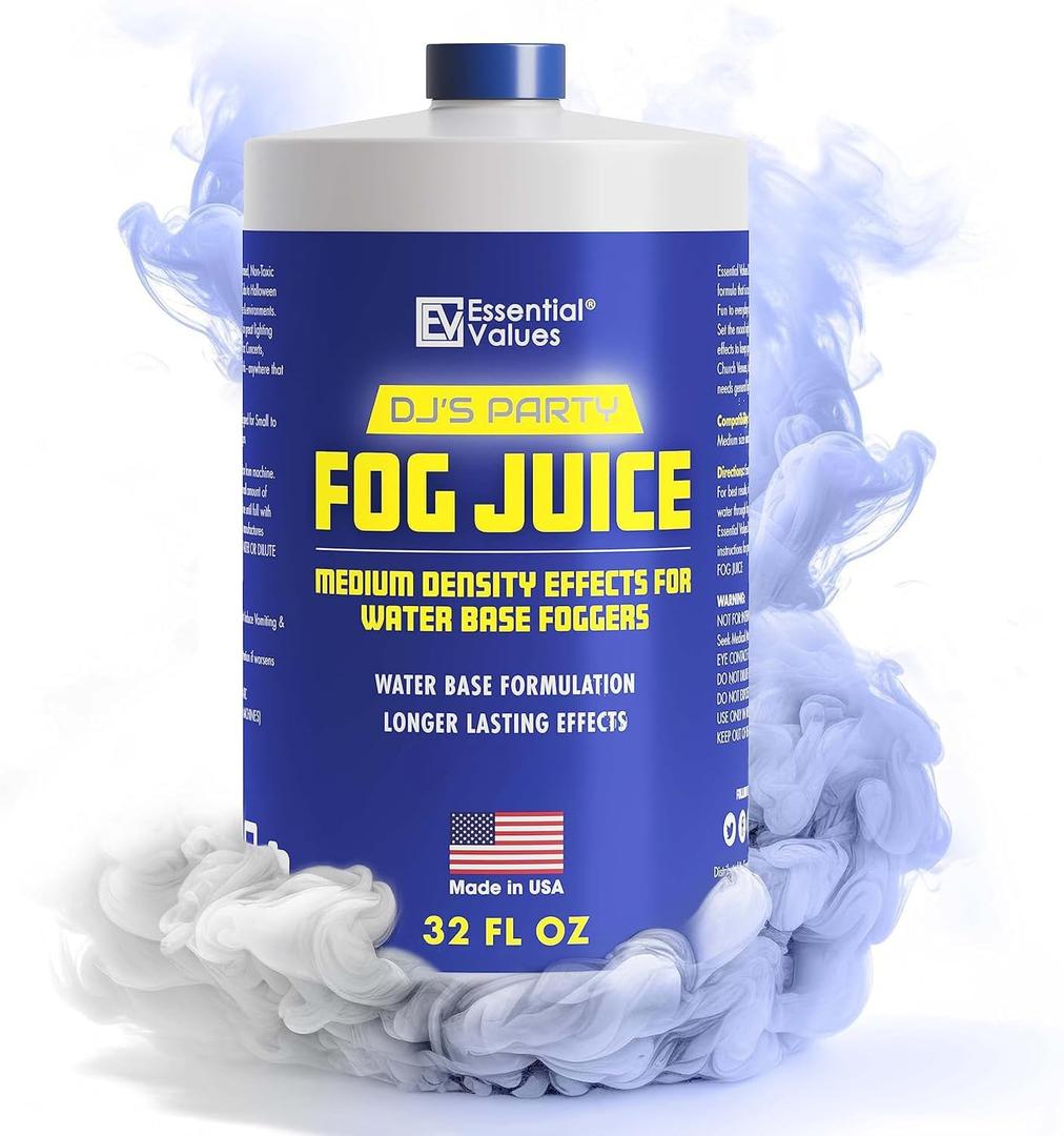 Essential Values Fog Machine Liquid - Long-Lasting Fog Juice 32 Fl Oz - Smoke Machine Liquid - Medium Density Smoke for Water-Based Foggers - For 400-1500 Watt Machines