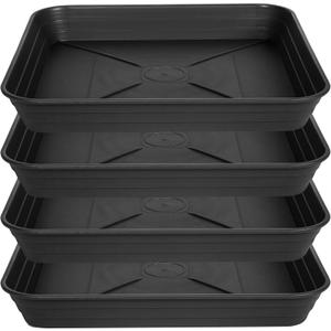 4 Pack Square Plant Saucer Tray 10 inch, 6 8 10 12 14 16 18 20 inch Heavy Duty Plastic Square Plant Saucers for Indoors Outdoor, Flower Planter Drip Trays for Pots, Seed Starting Tray (Black)