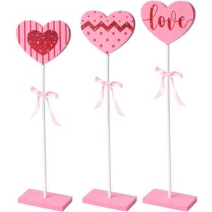 3 Pcs Valentine's Day Heart Wooden Decoration with Bow Valentines Day Heart Tiered Tray Decor Set Pink Valentines Day Decorative Signs for Wedding Party Home Tables Centerpieces Decor