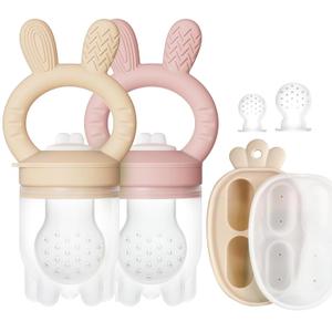 2 Packs Baby Fruit Feeder & Freezer Nibble Tray Combo, Push Pop Baby Food Feeder to Safely Introduce New Foods, Fresh & Frozen Food Silicone Feeder, 100% Food Grade, BPA Free (Caramel & Pink)
