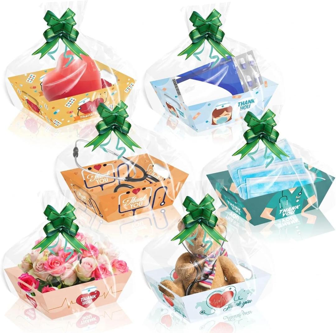 CMSSHUAI 12 Pcs Nurses' Day Appreciation Basket for Gifts Bulk DIY Empty to Fill Kit Thank You Tray Cardboard with Bows, Cellophane Bags for Nurses' Day