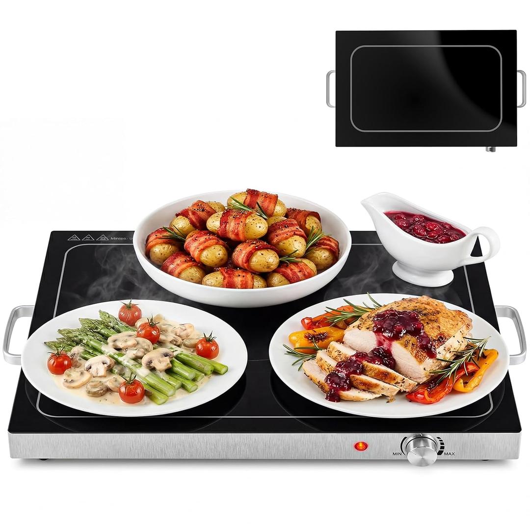 OLIXIS Electric Warming Tray 25" x 15", Full Glass-Top Food Warmer with Adjustable Temperature Control, Food Warming Mat for Buffet, Sabbath, Holiday Parties and Daily Dining, Black