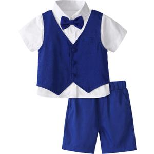 A&J DESIGN Toddler Suit, Gentleman Outfit for boys, 3pcs Clothes Set Shirt & Vest & Shorts with Bowtie (4-5T)