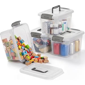 Citylife 4 Packs 6 QT Storage Bins with Lids Clear Plastic Bins with Grey Handle Stackable Storage Containers for Organizing