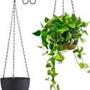Set of 2 Hanging Planters for Indoor Outdoor Plants, 8 Inch Self-Watering Hanging Flower Pots with Drainage Hole & Removable Water-Storage Tray (Hooks) (Black)
