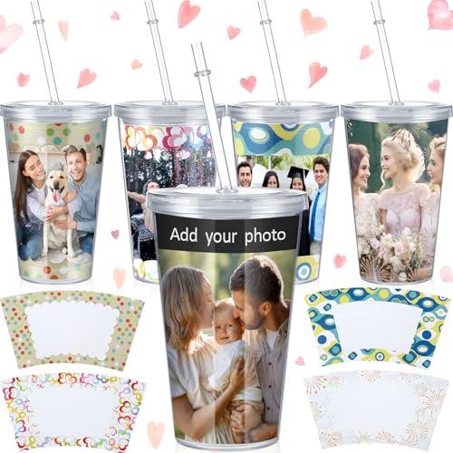 4 Pack Personalized Tumbler Custom DIY Insert Mug with Straw and Lid, Customizable Coffee Cup with Your Photos and Text, Reusable Travel Cups, Birthday Gift for Her Him (4 Cups+4 Cardboard)