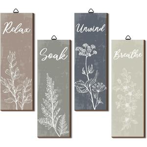 Ripeng 4 Pcs Boho Bathroom Decor Botanical Wall Art Relax Soak Unwind Breathe Sign Rustic Vintage Farmhouse Minimalist Wooden Signs for Home Restroom Decorations 11.8 x 4 Inch