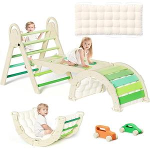 Pikler Triangle Set, Baby Climbing Playset Toys Indoor, Jungle Gyms for Toddlers Ages 1-4, Toddler Climbing Playground with Cushion & Toy Car