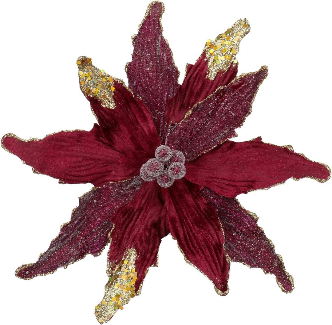 Briful 12'' Large Heads Christmas Glitter Poinsettia Flowers Christmas Tree Ornaments Set of 4 Artificial Flowers with Long Stems for Xmas Tree Party DIY Holiday Decorations, Burgundy