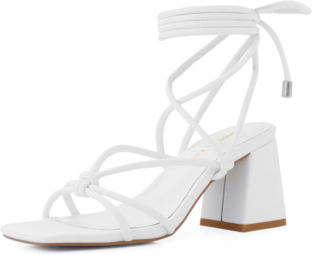 Shoe'N Tale Lace Up Heels for Women Ankle Strappy Gladiator High Heeled Sandals Chunky Block Heel Square Open Toe Criss Cross Dress Shoes (8.5, White)
