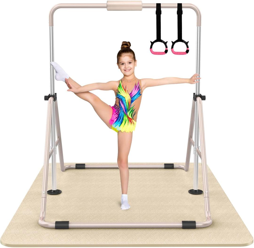 Tepemccu Expandable Gymnastics Bars, Adjustable Height Gymnastic Horizontal Bars, Children Folding Training Bar for Kids (Beige with mat)