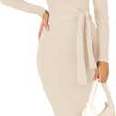 ZESICA Women's 2025 Fall Sweater Dress V Neck Long Sleeve Ribbed Knit Tie Waist Bodycon Slim Fit Midi Dresses (Medium, Apricot)