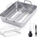Baderke 5 Pcs Roasting Pan with Rack Set, 10 x 12 Inch Stainless Steel Roasting Pan Set Adjustable V Shaped Turkey Baking Rack for Grilling Dishwasher and Oven Safe