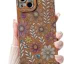 Compatible for iPhone 14 Plus Case Cute Color Flower Floral Leaf with Aesthetic Design for Girls Women Soft TPU Shockproof More Protective Girly for iPhone 14 Plus Case-Brown