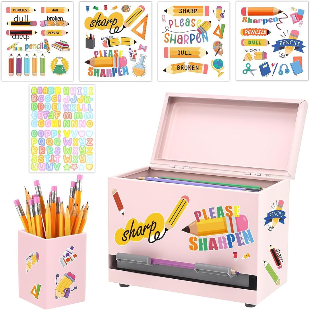 SYMDROMIA Pencil Dispenser for Classroom Stainless Steel Pencil Holder for Desk, Pencil Dispenser Set with Silicone Organizer & 5 Stickers, Back to School Classroom Must Haves Teacher Supplies (Pink)
