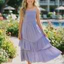 Sunny Spirit Girls Summer Dress for Tween Girl Teen Kids Sundress Maxi Boho Smocked Flowy 2-Way Layered Skirt 5-14 Years (Purple)