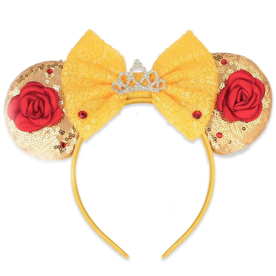 LYLIN Mouse Ears, Princess Mouse Ears Headband with Bow for Women & Girls, Princess Headband Hair Accessory for Birthday Halloween Christmas Parties Cosplay Accessories Party Decorations (Yellow Crown)