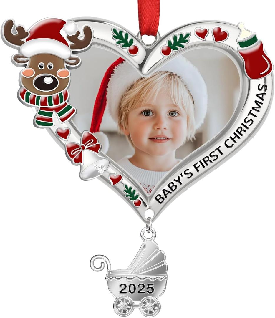 Baby's First Christmas Ornament 2025 My First Christmas Baby Girl Boy Xmas Tree Picture Frame Reindeer Ornament 2025 Personalized 1st Christmas Baby Ornament (Red, Pack of 3)