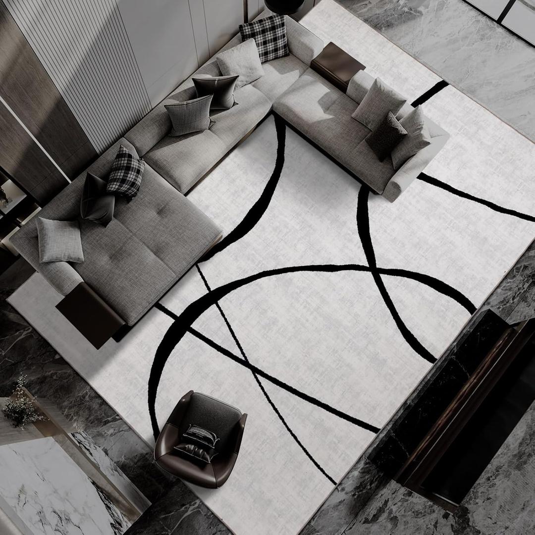 YIHOUSE Curve 9x12ft Modern Washable Area Rug for Living Room Bedroom - Large Abstract Black and White Rug Non-Slip Ultra-Thin Home Decor