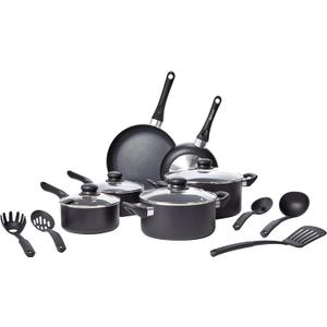 Amazon Basics Non-Stick Kitchen Cookware 15-Piece Set with Stay-Cool Handles, Even Heating, Non-Induction, Includes Pots, Pans, and Utensils, Black