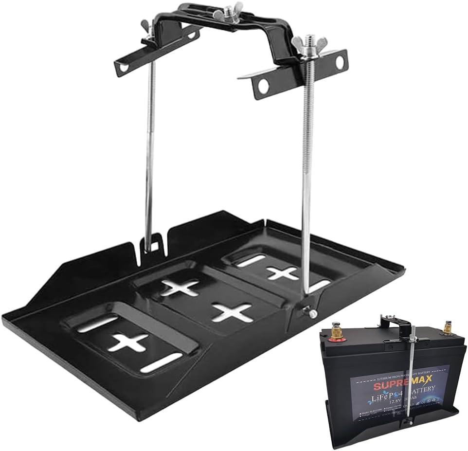 THEPRO Battery Hold Down Tray Kit, Corrosion-Resistant Steel Storage Battery Holder Adjustable Bracket Clamp for Car, Boat, Marine (10.6'' Bolt with 13.58'' Battery Tray)