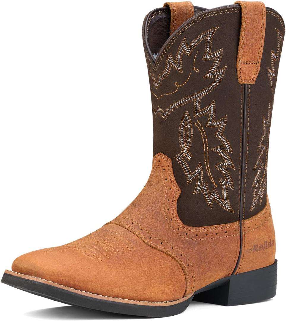 Rollda Leather Cowboy Boots for Men Western Boots Square Toe Chunky Heel Mid-Calf Boots Classic Embroidered with Pull On Tabs (12, Brown)