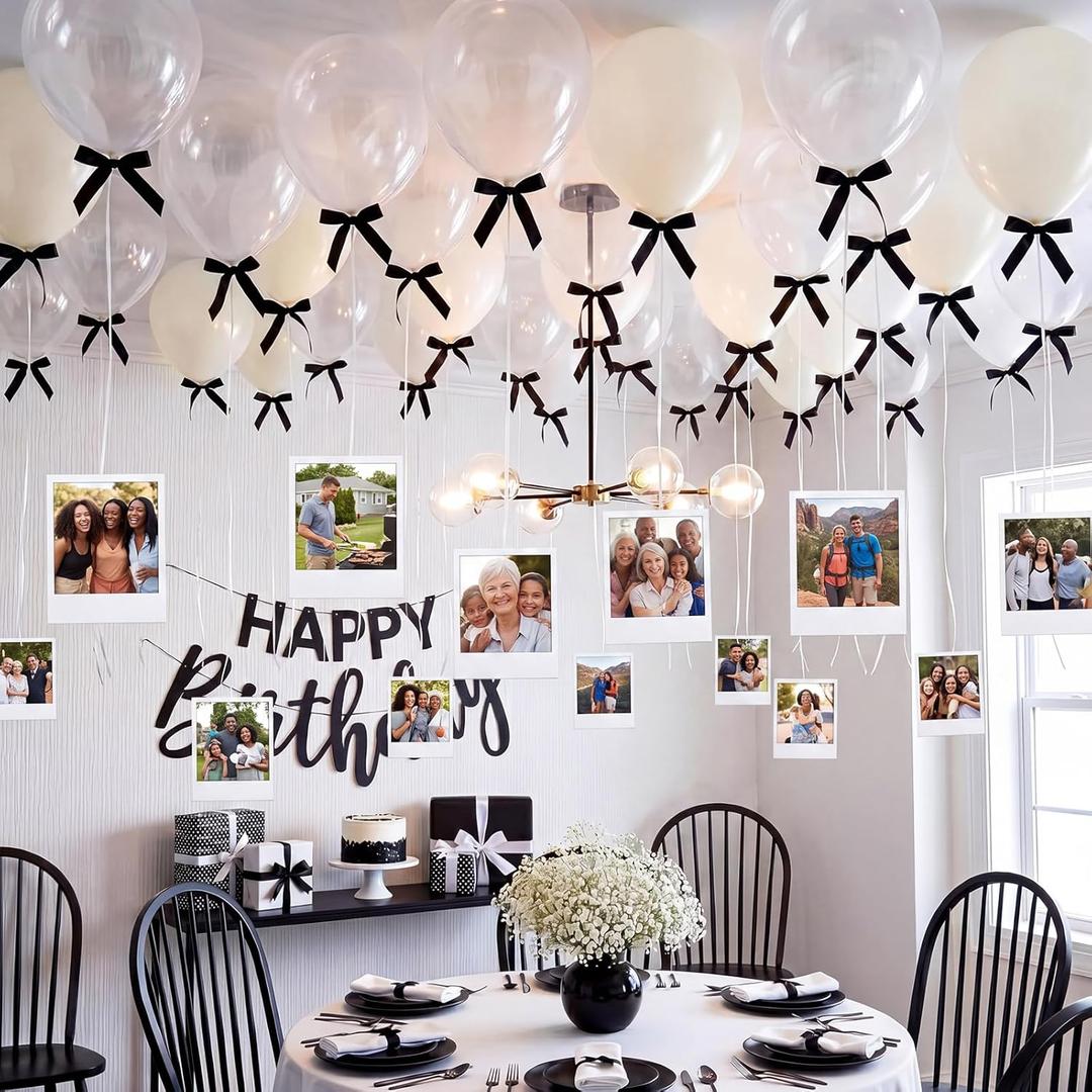 Gejoy 40 Pcs Sand White and Clear Balloons Birthday Party Decorations Black Color Bow and White Ribbon for Birthday Engagement Wedding Party Bachelorette Decor