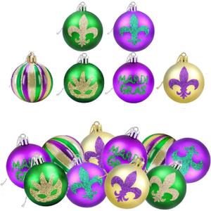 12 PCS Mardi Gras Ball Ornaments Glitter Purple Green Gold Ball Ornaments 2.36" Mardi Gras Shatterproof Hanging Ornaments for Mardi Gras Holiday New Orleans Party Decorations