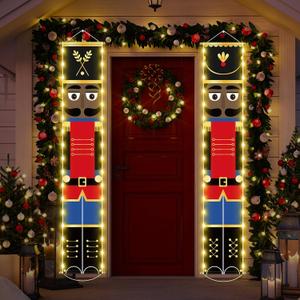 Lounsweer Nutcracker Christmas Decorations Nutcrackers Banners Porch with LED String Lights Xmas Decor Tall Soldier Model Outdoor Banners for Door Yard Holiday(Brown,Red)