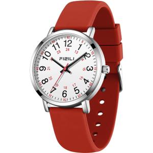 Waterproof Nurse Watch for Medical Professionals,Students, Women Men, Military Time Easy to Read Dial, 24 Hour with Second Hand, Soft and Breathable Silicone Band (1011-Red White)
