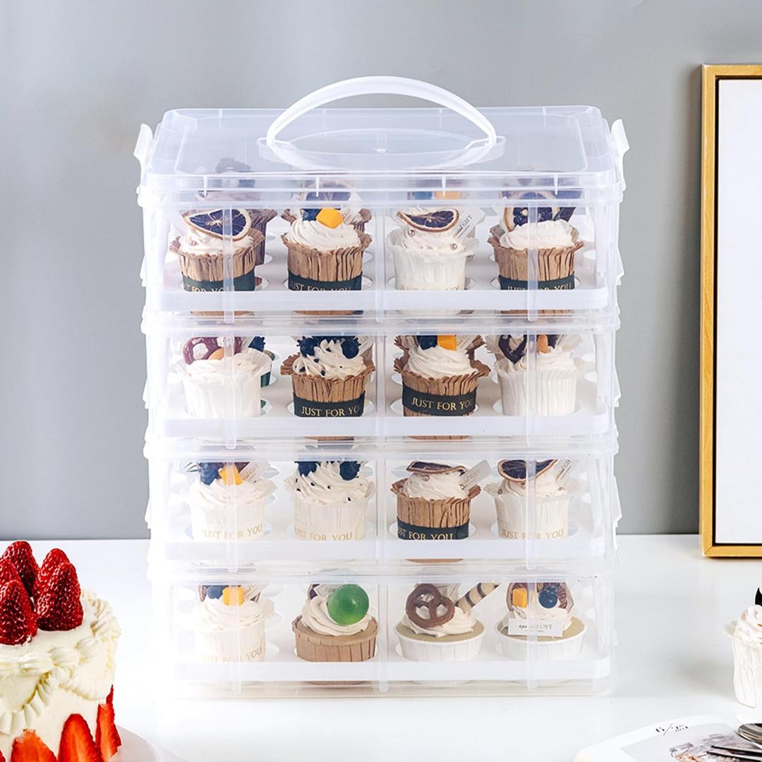 Cupcake Carrier Stackable Storage Container Collapsible Cake Carrier with Lid and Handle, with 50 PCS Cupcake liners, Reusable Plastic Dessert Travel Container, Transport Box (48 Cupcakes White), 15.7 inches x 10 inches x 10 inches