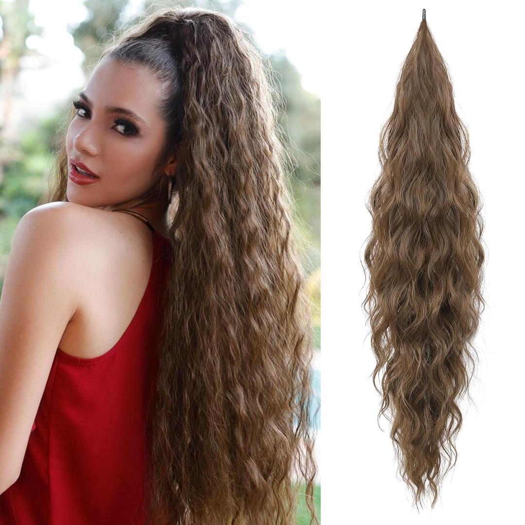 Flufymooz Ponytail Extension, Flexible Wrap Around Ponytail Extension Long Wavy Curly Ponytail Hair Extensions Natural pony tail Synthetic Hairpiece for Women 32 Inch (Light Brown)