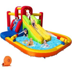 Hongcoral Bounce House Inflatable Water Slide for Kids, Water Park With Splash Pool, Double Cannon, 2 Climbing Walls, Obstacles, Blow Up Jumping Castle With Blower