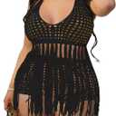 BEAUDRM Women's Plus Size 2 Piece Crochet Swim Cover Up Set Fringe Hem Halter Beach Top and Shorts Coverups Beachwear (XX-Large Plus, Black)