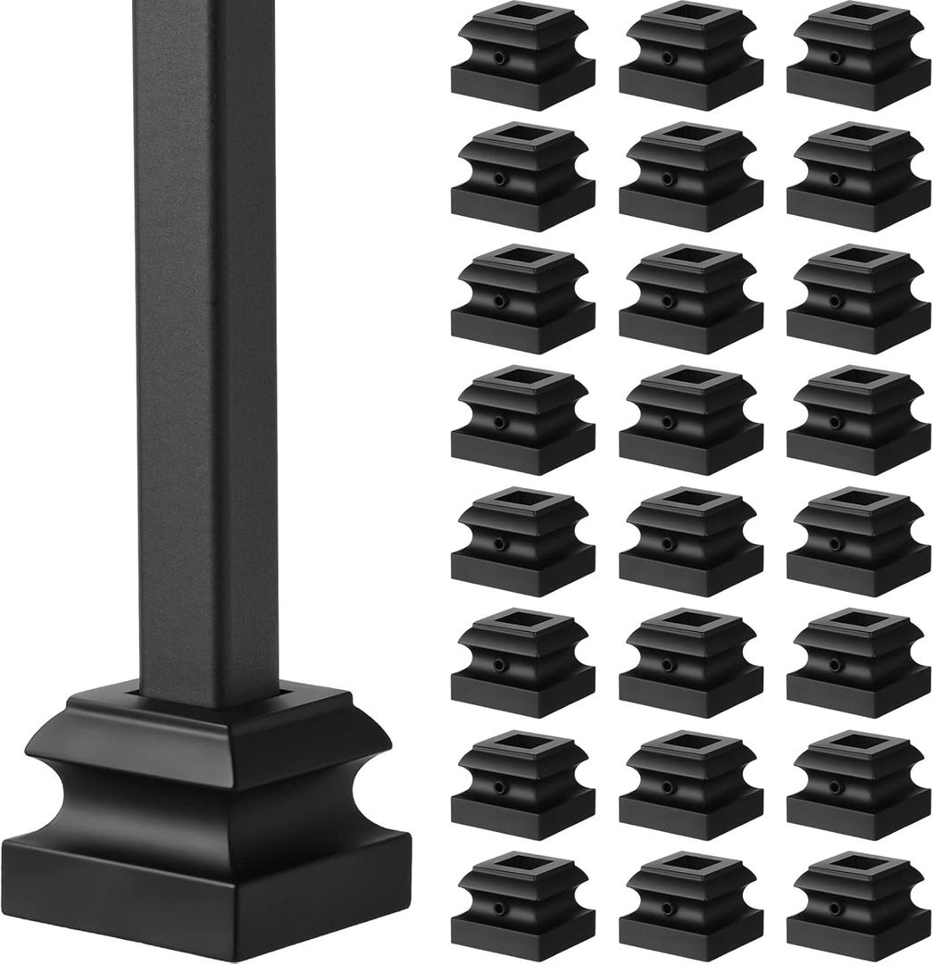 Funrous 24 Pcs Iron Baluster Shoes Stair Flat Shoe with Screw for 1/2 Inch Square Scroll Basket Twist Knuckle Staircase Balusters Metal Spindle Railing, Satin Black