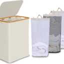 efluky Laundry Hamper with Lid, Trio Laundry Hamper with 3 Removable Bags, 3 Section Laundry Basket with Bamboo Handles for Bathroom, Bedroom & Laundry Room, 160L Beige