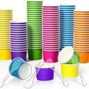 Boao 100 Set 5 oz Ice Cream Cups with Spoons Disposable Paper Sundae Dessert Bowls Summer Party Supplies (Colorful Style)