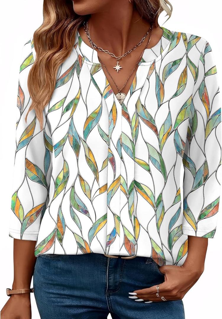 XIEERDUO 3/4 Length Sleeve Womens Tops V Neck Pleated Work Blouses Dressy Casual Summer Tops 2025 Trendy (L)