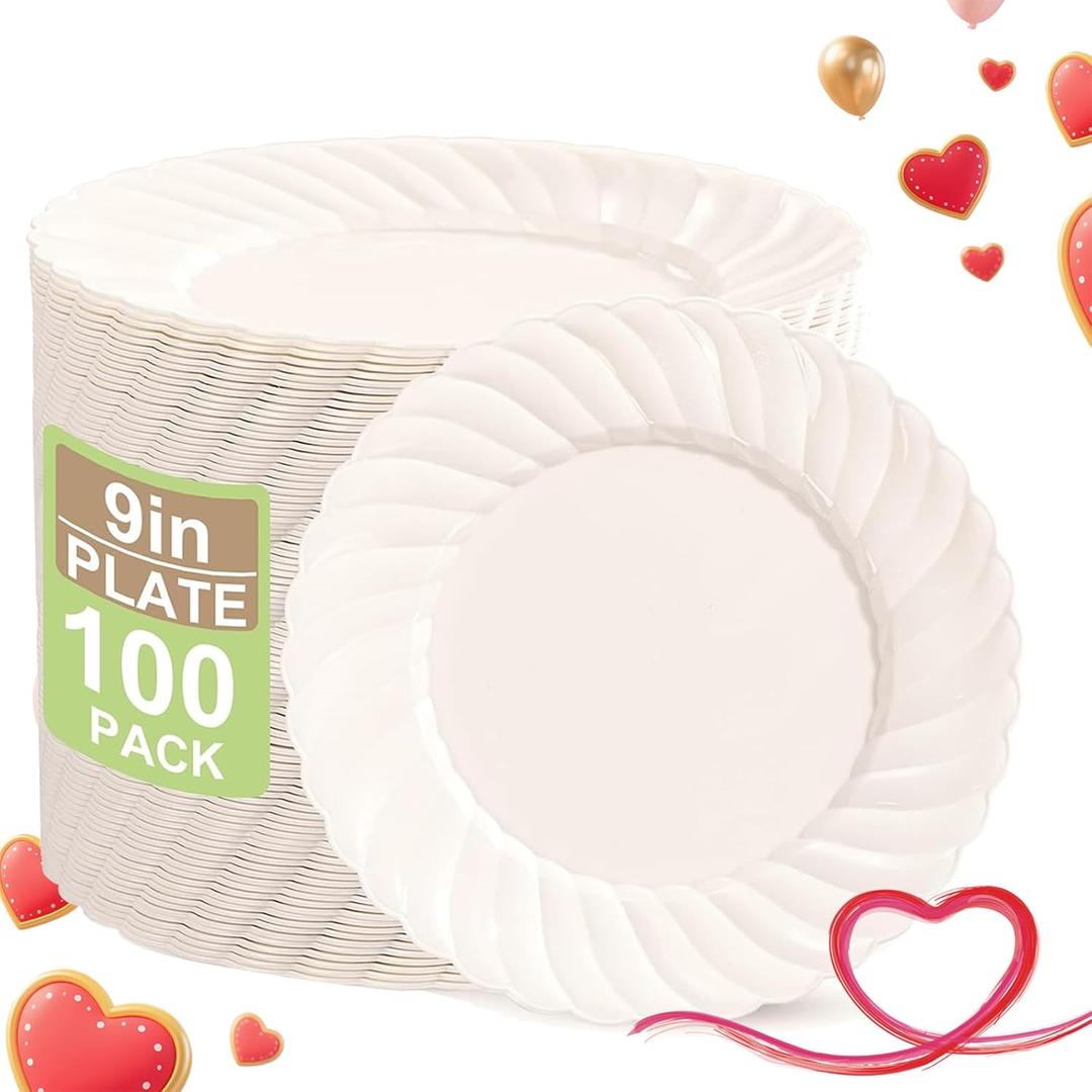 U-QE 100 Count 9 Inch Ivory Plastic Plates for Party - Scalloped Disposable Dinner Plates - Premium Hard Fancy Disposable Heavy Duty Party Supplies for Birthdays, Celebrations, Weddings and Events (9 inch,100 Pack)