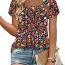Baby Doll Tops for Women Bohemian Square Neck Petal Short Sleeve Versatile Tshirt Slim Soft Floral Printed Boho Flowy Folds Tunic Blouse S