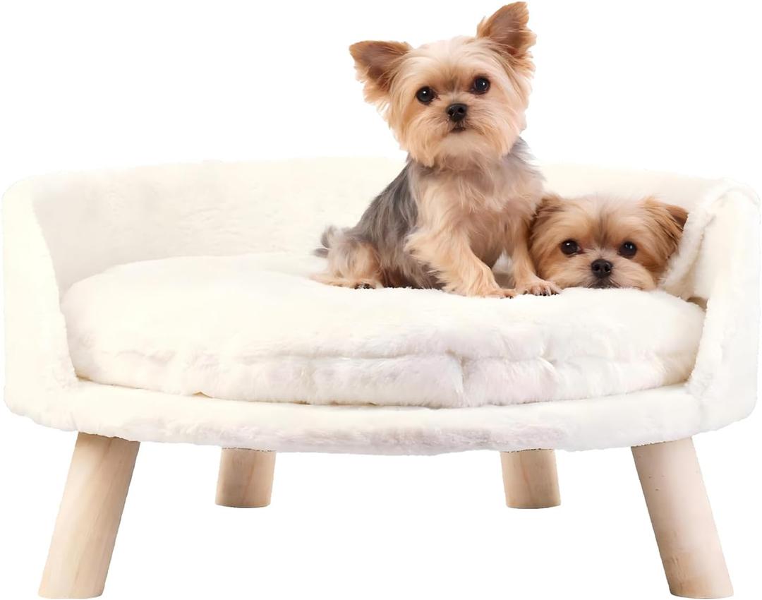 Elevated Dog Bed: Raised Dog Bed Round with Cozy Pad Waterproof - Nordic Wooden Doggie Sofa Bed with Sturdy Wood Legs Anti Slip for Medium Dogs Rabbit
