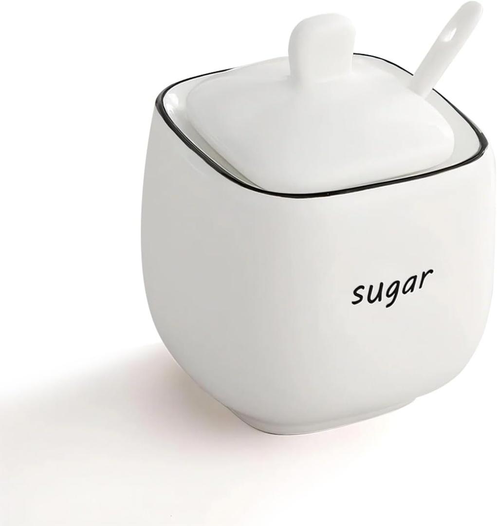 12oz Sugar Bowl with Lid and Spoon - Ceramic Sugar Jar Dispenser for Coffee Bar Kitchen Countertop Canister Salt & Spice Container - White (12, ounces)