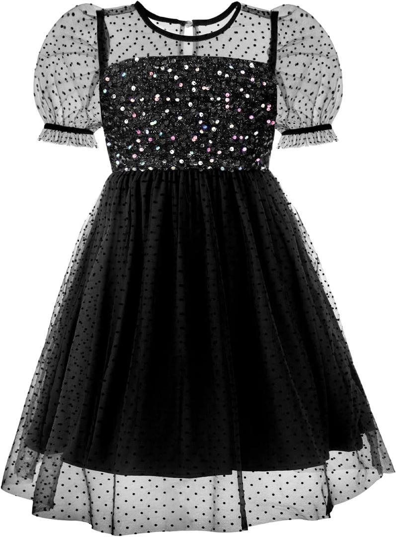 Girls Sequin Tulle Dress Sparkly Mesh Overlay Party Gown (6-7 Years, Twinkledot-black)