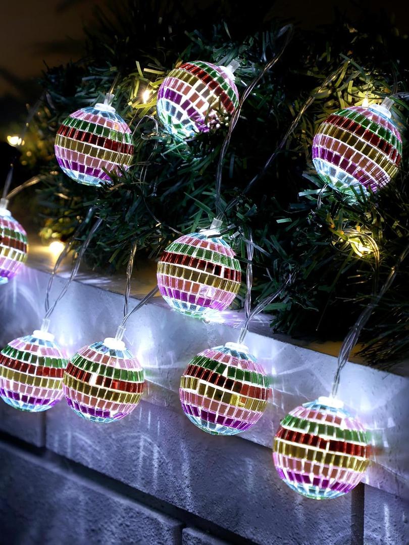 BBTO LED Disco Ball String Light Battery Powered Mirror Balls Ornaments for Outside Backyard Porch 70s 80s Disco Party Supplies(1.57 Inch,Sparkling Colors)